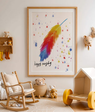 Colorful feather with inspirational message on abstract paint splatter background