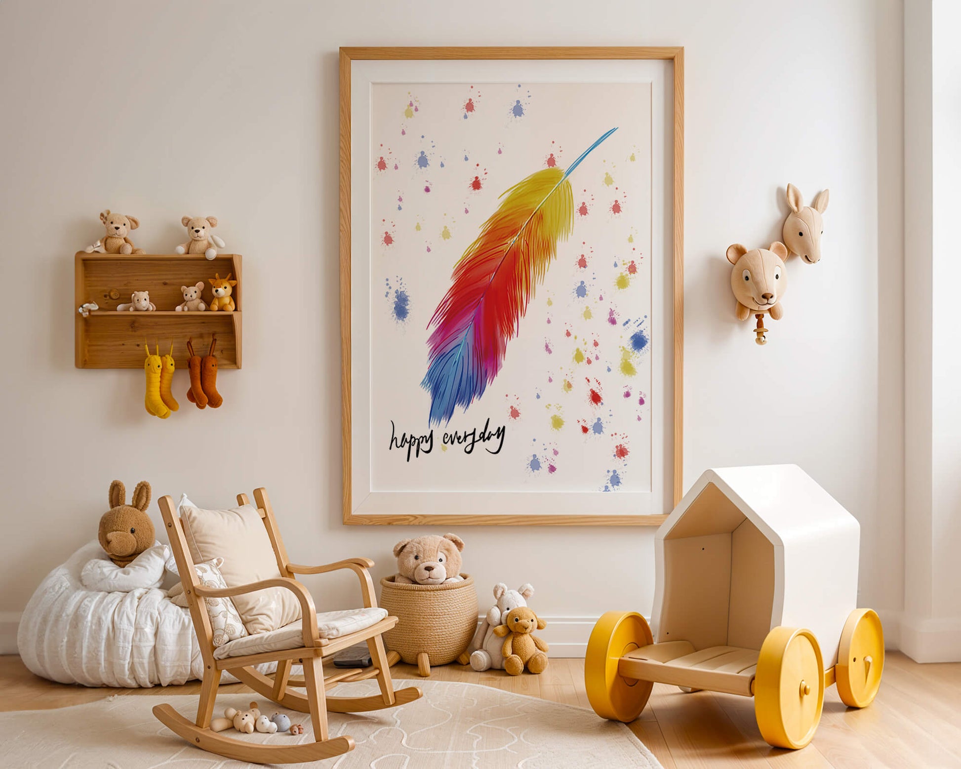 Colorful feather with inspirational message on abstract paint splatter background