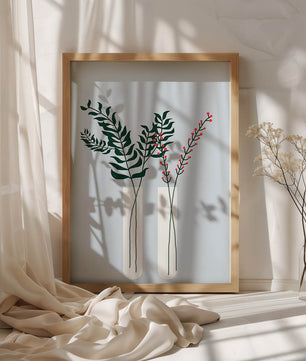 Modern Botanical Illustration with Green Leaves and Red Berries in Minimalist Vases - Mi tienda
