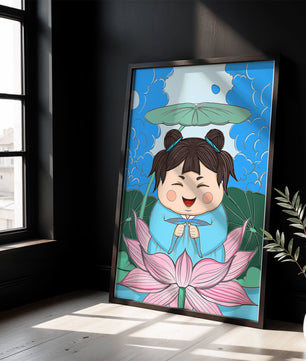 Whimsical illustration of a joyful child with lotus and umbrella