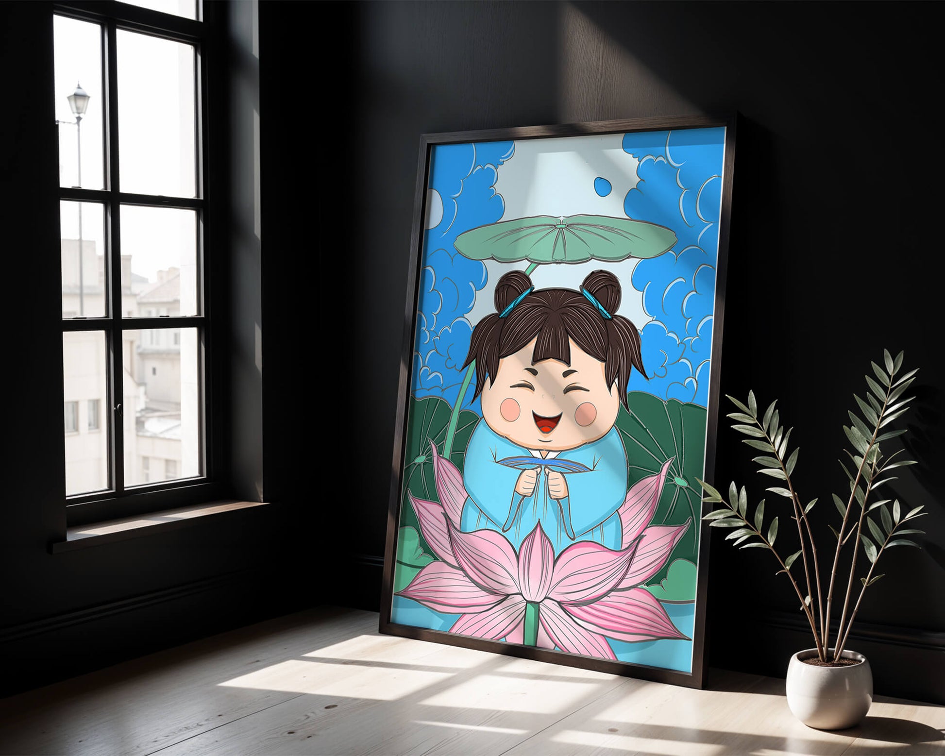 Whimsical illustration of a joyful child with lotus and umbrella