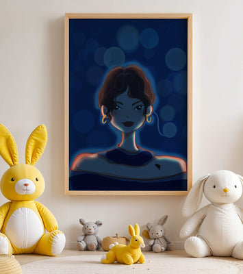 Illustration of a woman with bokeh lights and stylish earrings