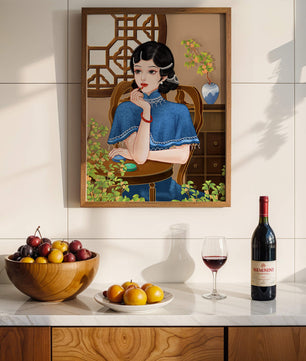 Elegant Woman in Traditional Chinese Setting with Blue Cape and Intricate Decor