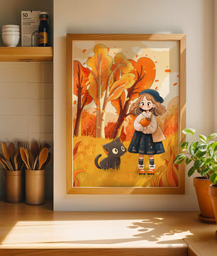 Girl with Cute Cat in Autumn Forest with Colorful Leaves