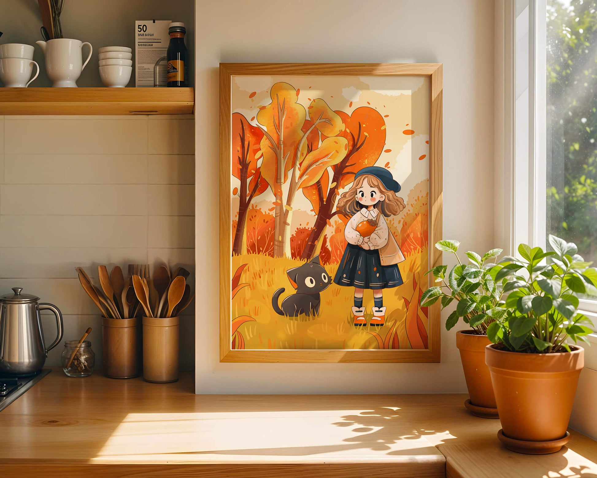 Girl with Cute Cat in Autumn Forest with Colorful Leaves