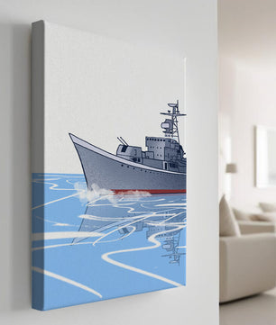 Illustrative depiction of a warship sailing on calm waters