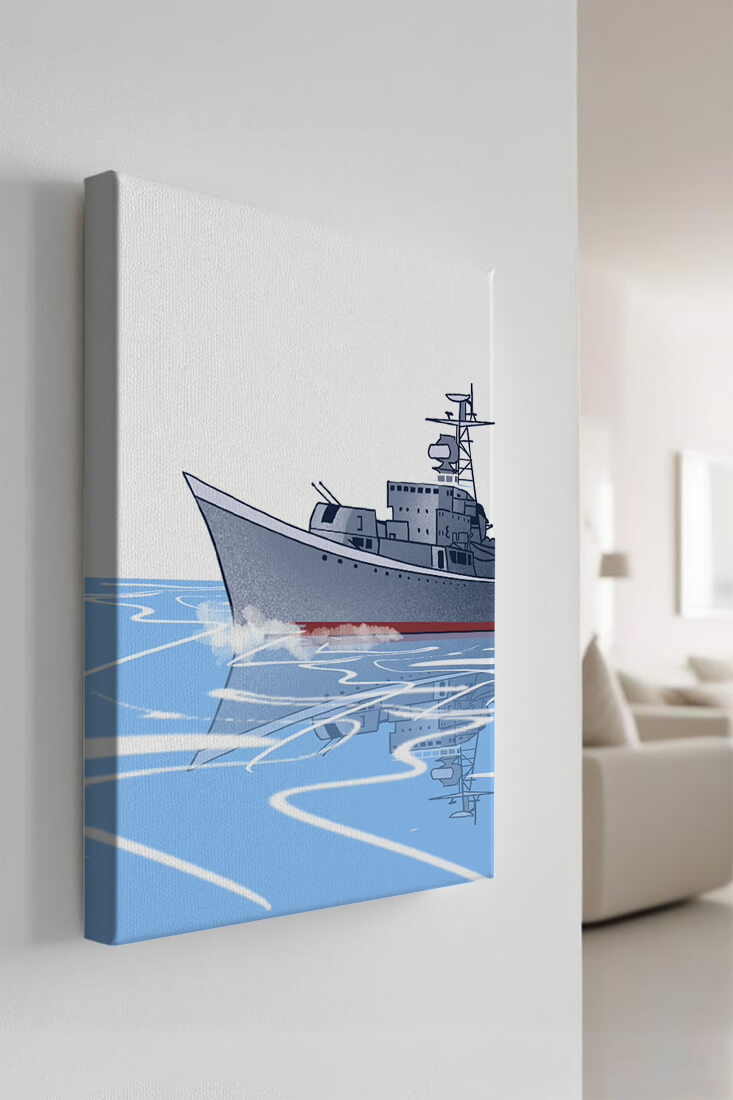 Illustrative depiction of a warship sailing on calm waters