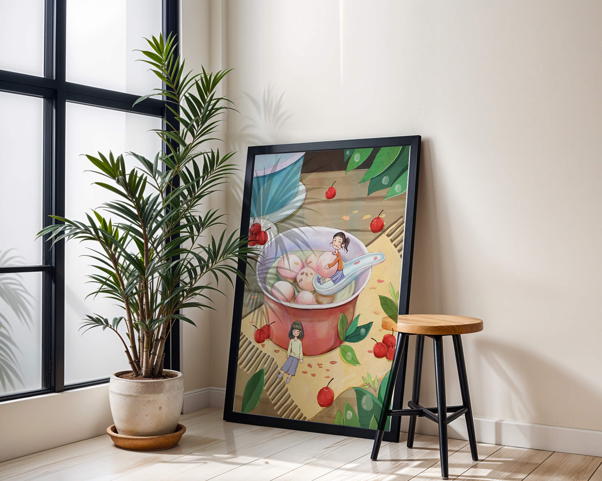 Charming illustration of children with dessert in a whimsical setting