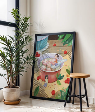 Charming illustration of children with dessert in a whimsical setting