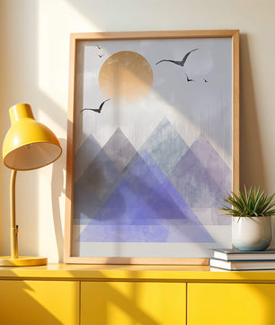 Abstract Mountain Landscape with Geometric Elements and Soaring Birds