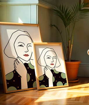 Modern Minimalist Portrait of a Winking Woman in Green Polka Dot Dress - Mi tienda