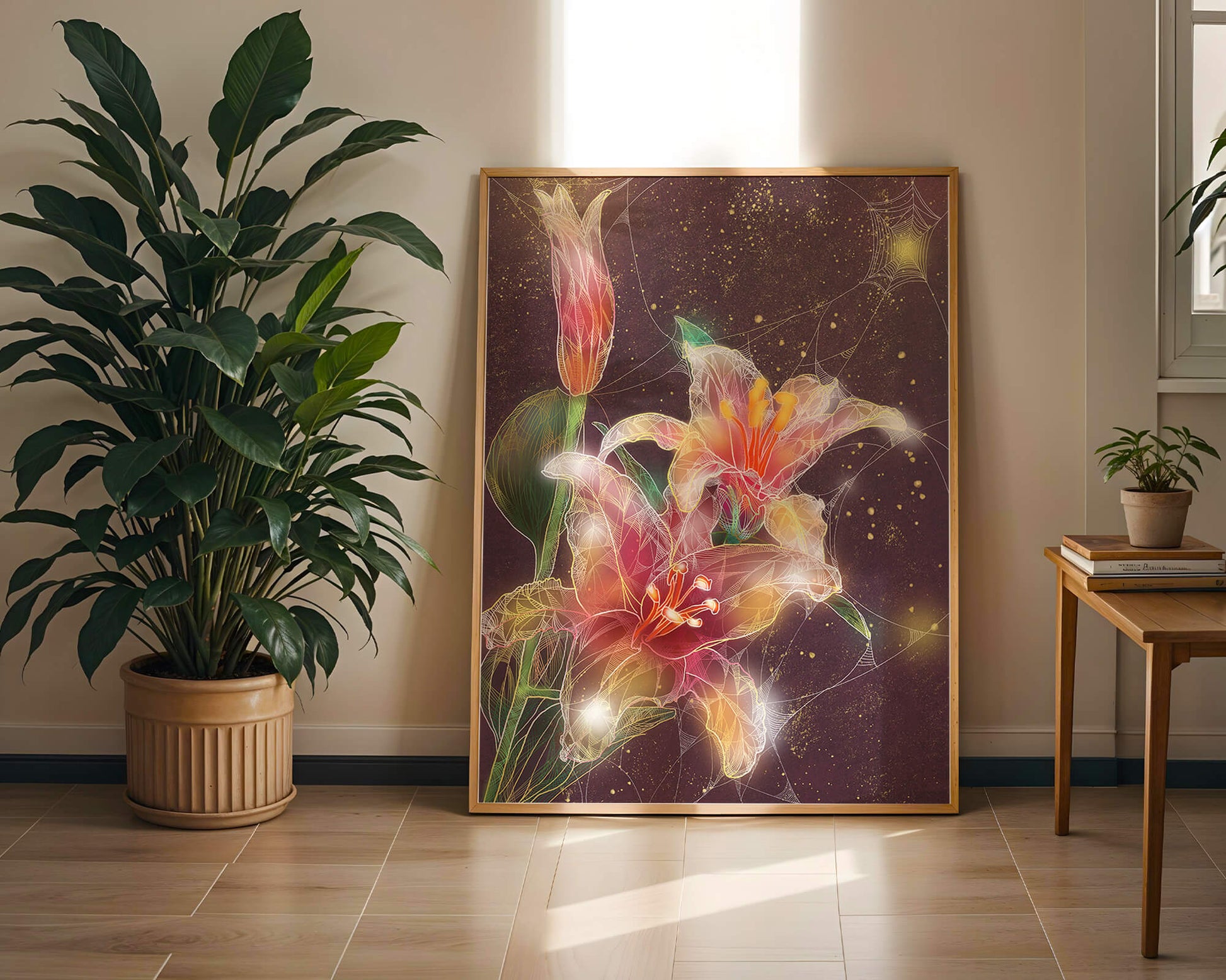 Elegant Floral Composition with Intricate Details and Golden Accents