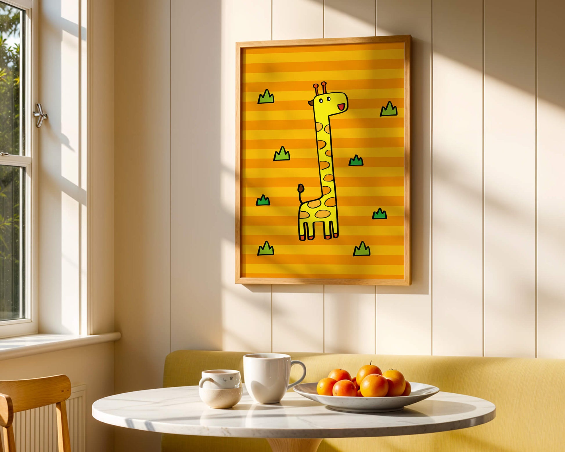 Bright cartoon giraffe illustration on a striped background