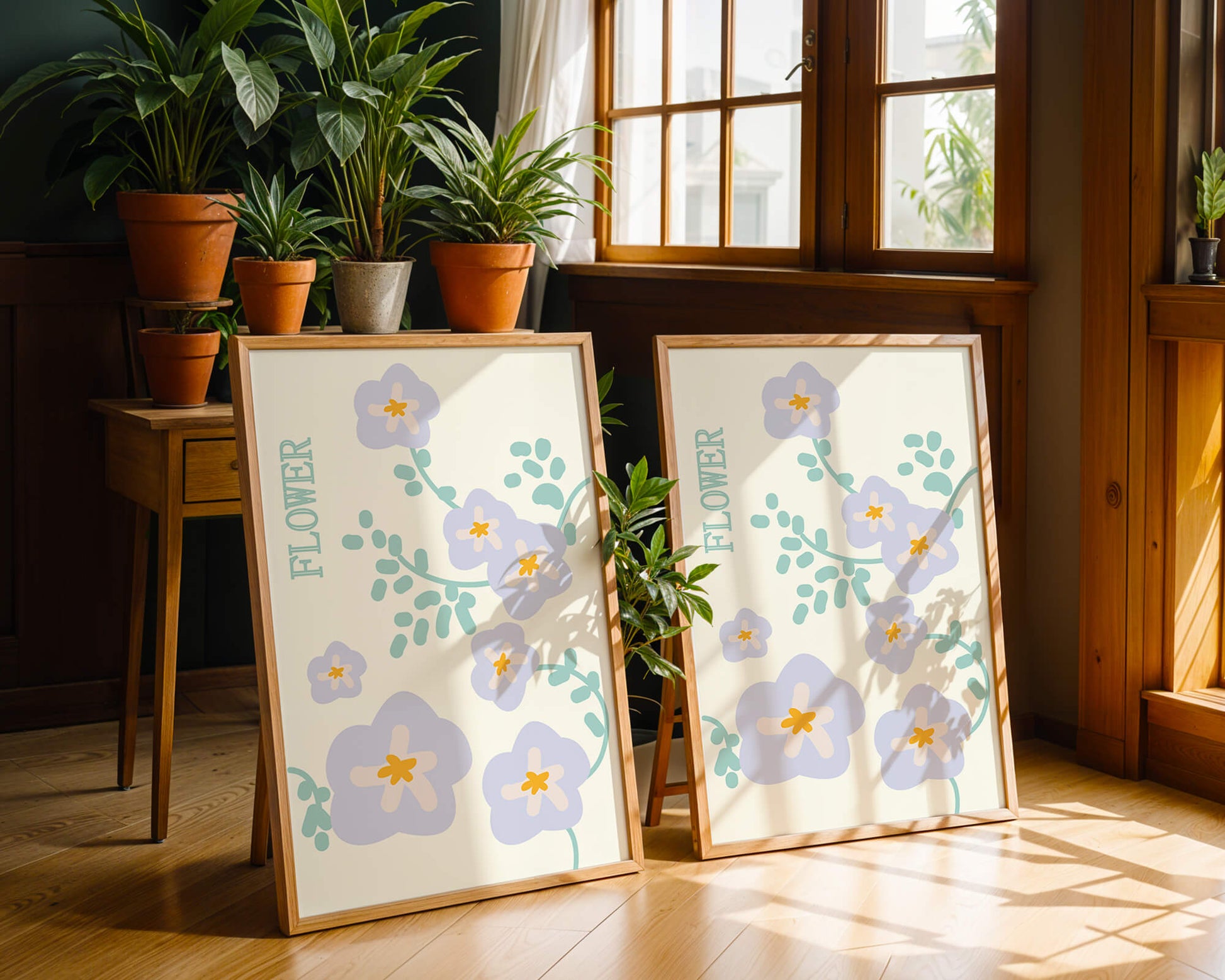 Floral design with pastel flowers and abstract leaves
