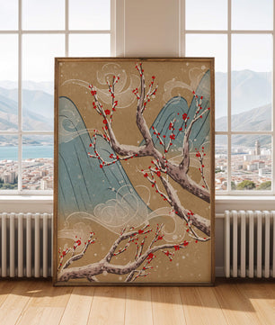 Traditional Japanese landscape with blooming cherry branches