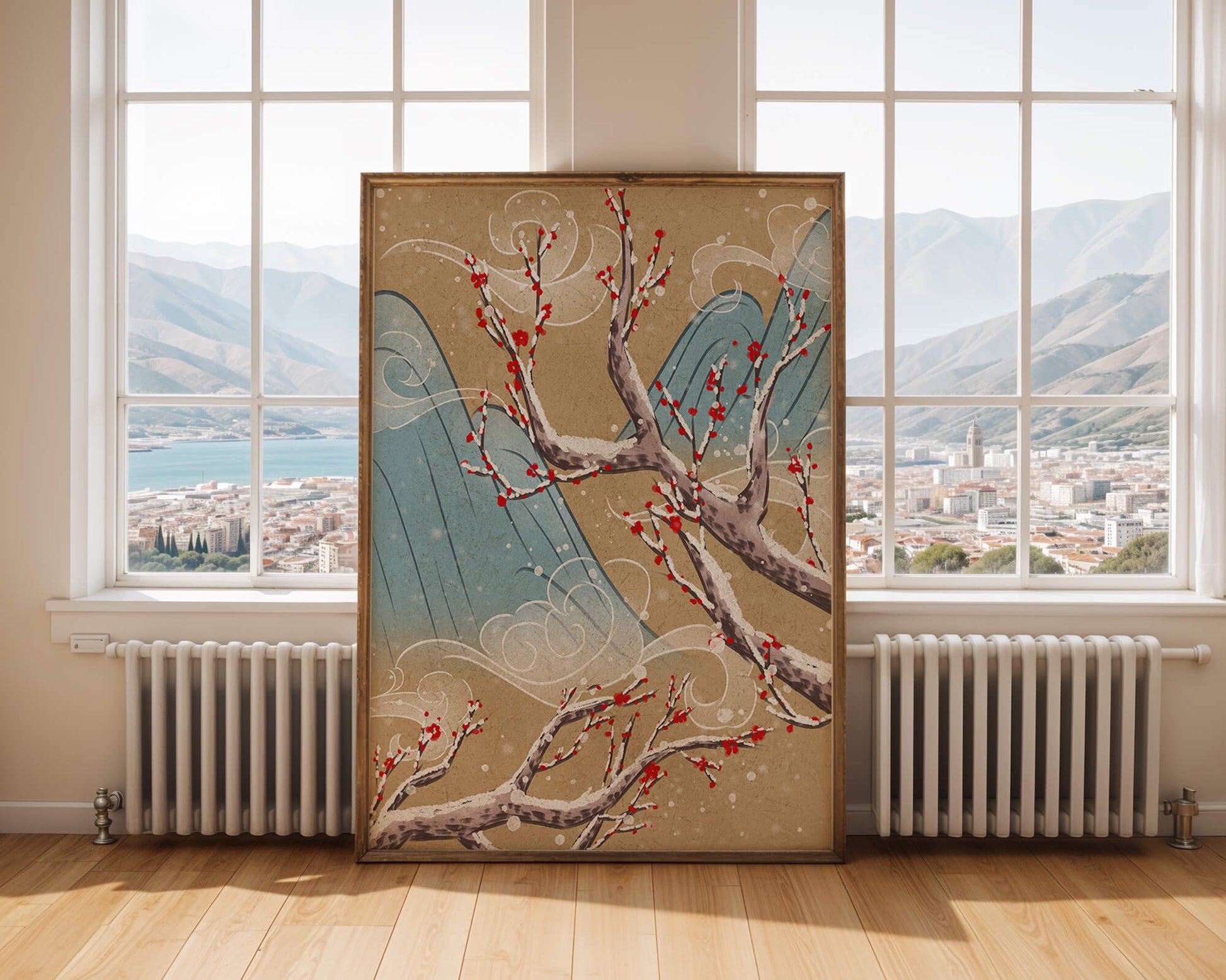 Traditional Japanese landscape with blooming cherry branches