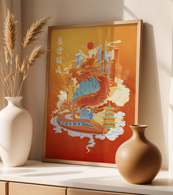 Colorful dragon and cityscape illustration with pagodas and mountains