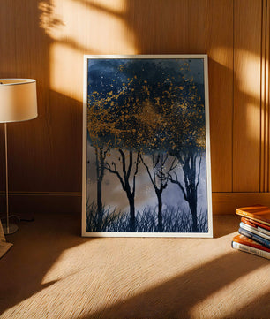 Mystical forest landscape with gold splatter art