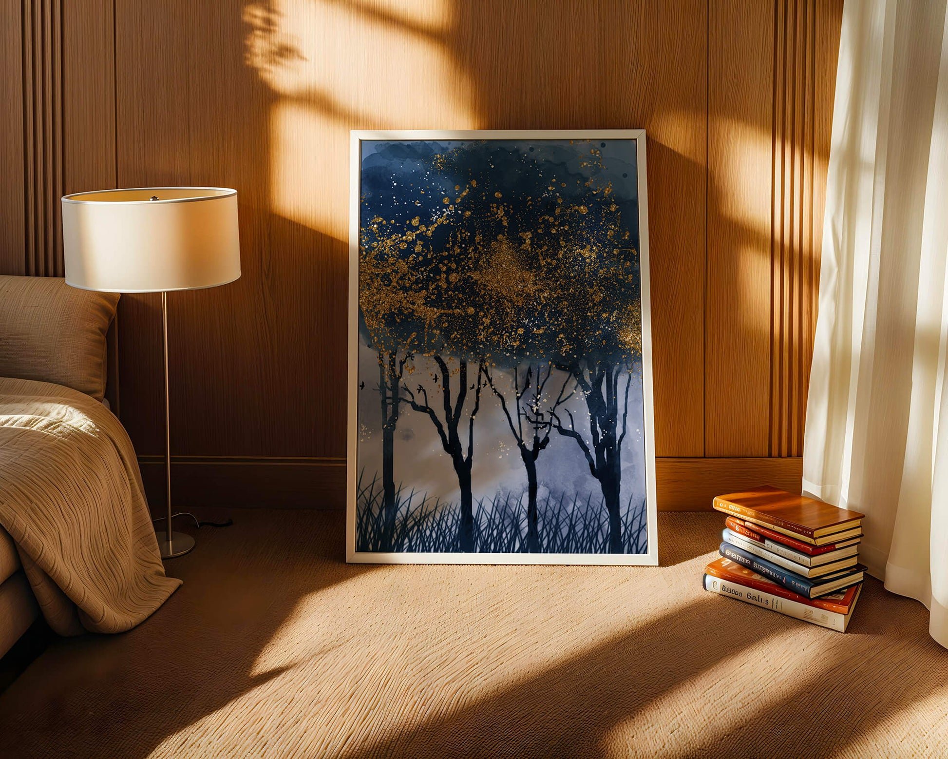 Mystical forest landscape with gold splatter art