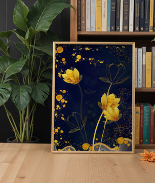 Elegant floral artwork with golden accents on deep blue background