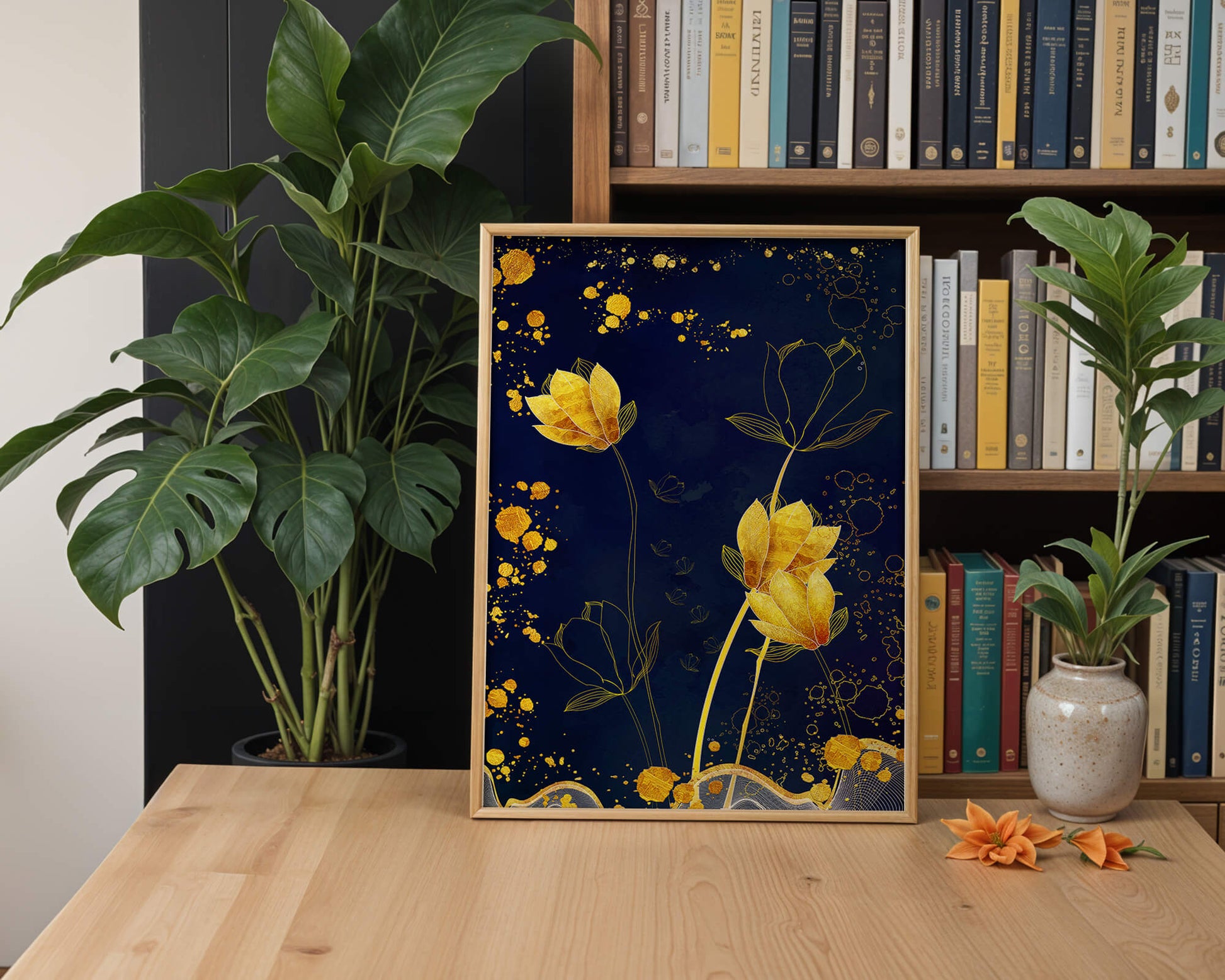 Elegant floral artwork with golden accents on deep blue background