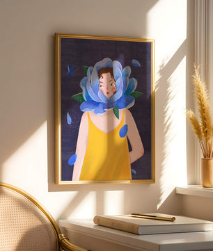 Illustration of woman with blue flower head and yellow dress