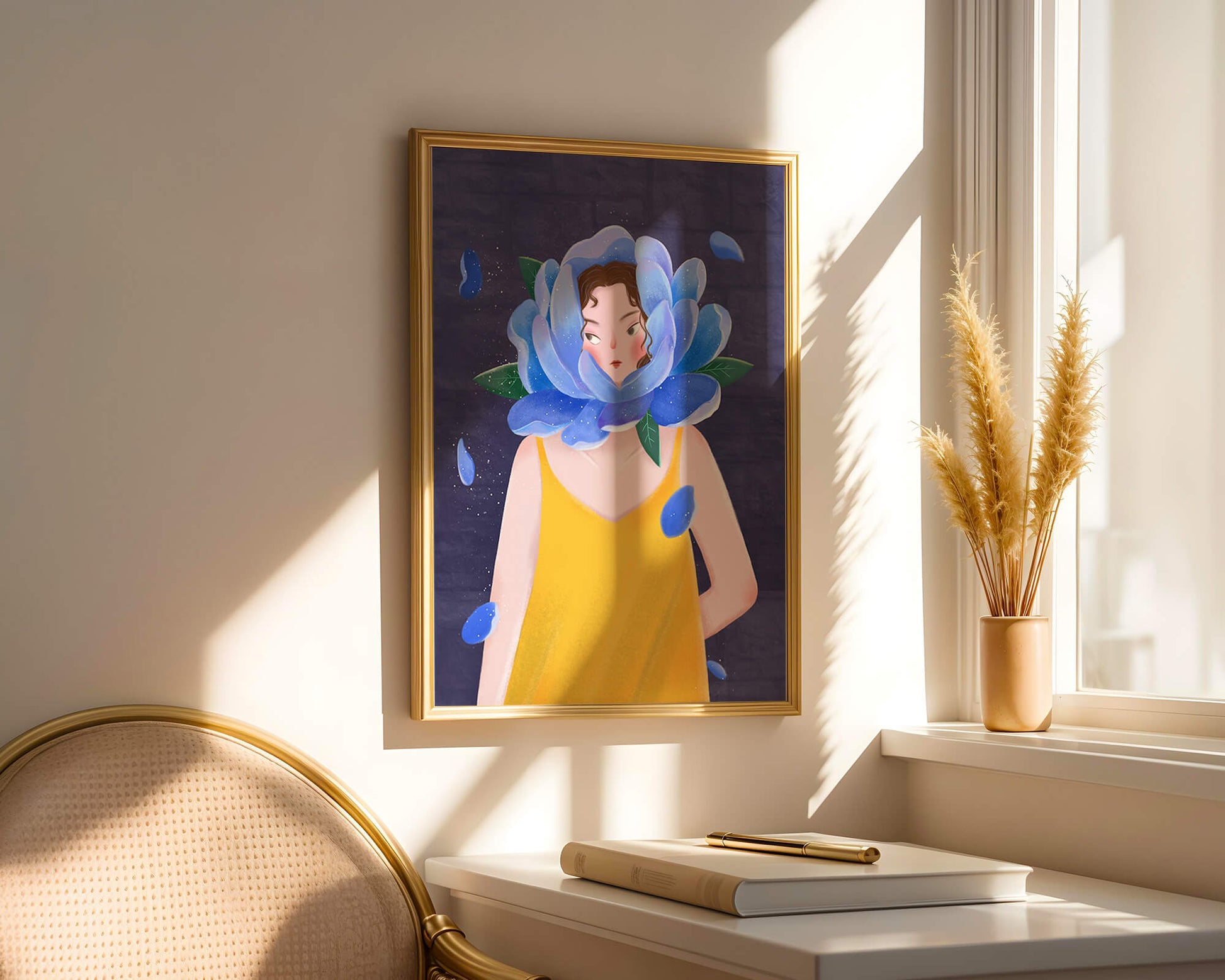 Illustration of woman with blue flower head and yellow dress