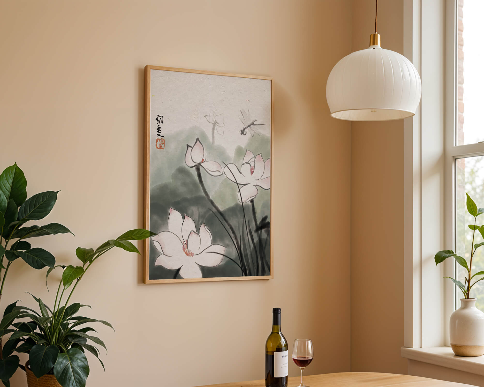 Delicate watercolor of lotus flowers with dragonfly in serene atmosphere