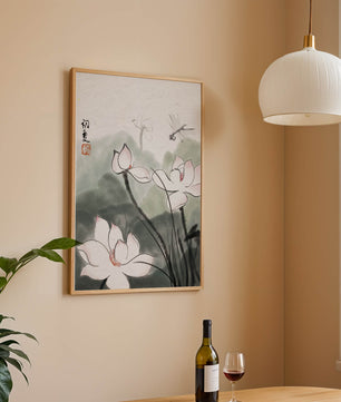 Delicate watercolor of lotus flowers with dragonfly in serene atmosphere