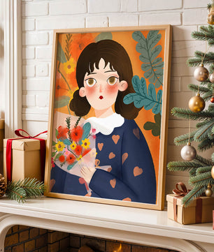Ilustración colorida de una chica con flores rodeada de un fondo floral vibrante