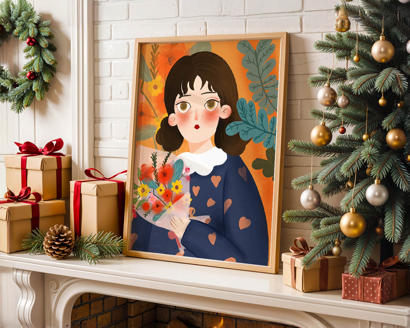 Ilustración colorida de una niña con flores rodeada de un fondo floral vibrante.
