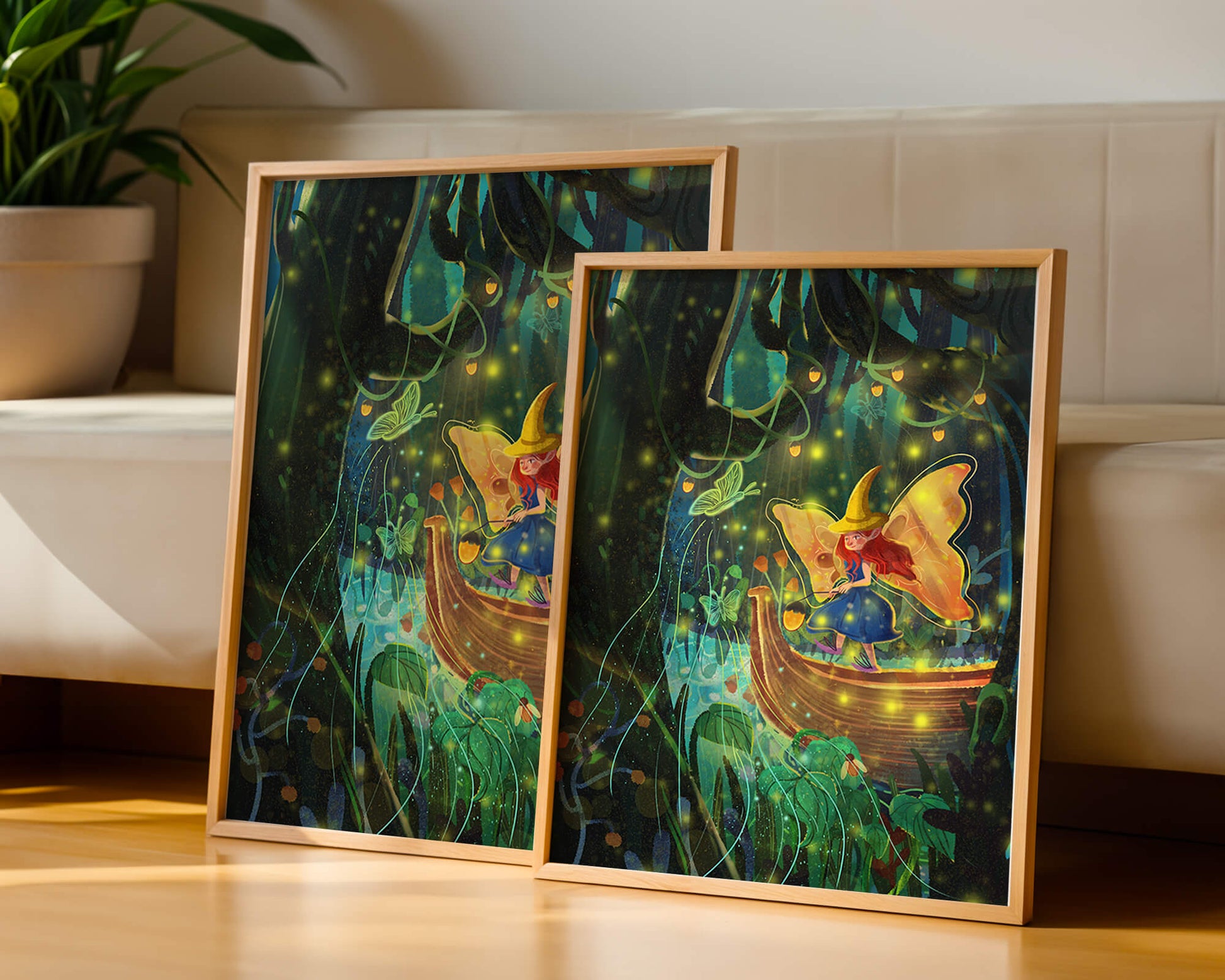 Fairy in an enchanted forest with glowing butterflies and lanterns