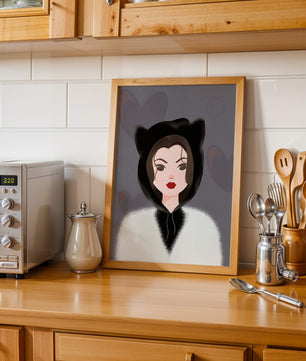 Illustration of a woman in a cat hoodie on a soft gray background