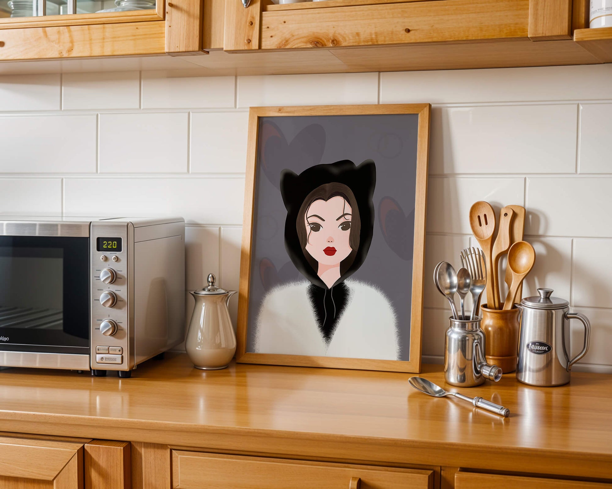 Illustration of a woman in a cat hoodie on a soft gray background