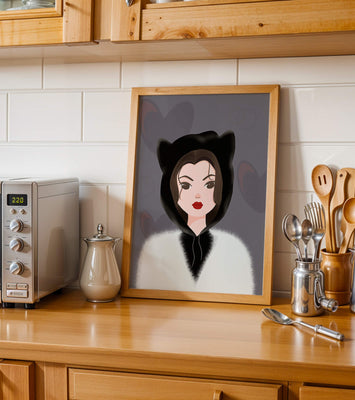 Illustration of a woman in a cat hoodie on a soft gray background