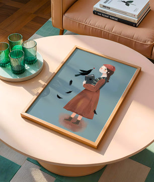chica en atuendo vintage con pájaro y libro sobre fondo azul