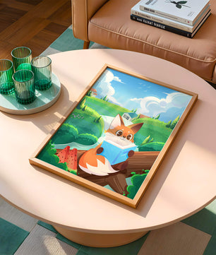Fox Reading a Book in Scenic Green Landscape with Watermelon Slices