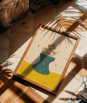 Floral Illustration with Polka Dot Vase on Colorful Background - Mi tienda