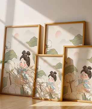 Illustration élégante d'une jeune fille en tenue traditionnelle au milieu de plants de coton
