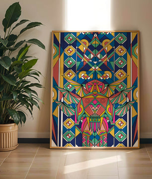 Arte abstracto geométrico colorido con patrones simétricos