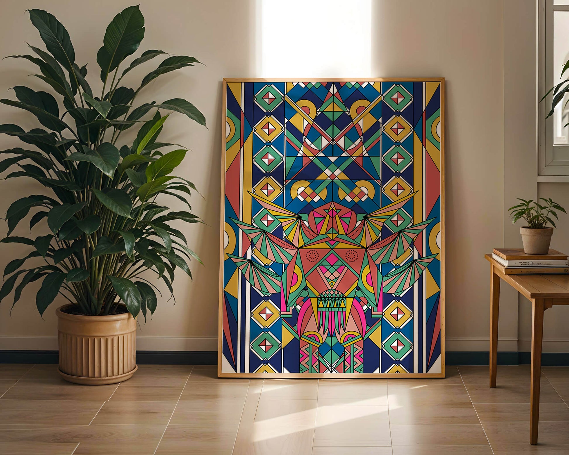 Arte abstracto geométrico colorido con patrones simétricos