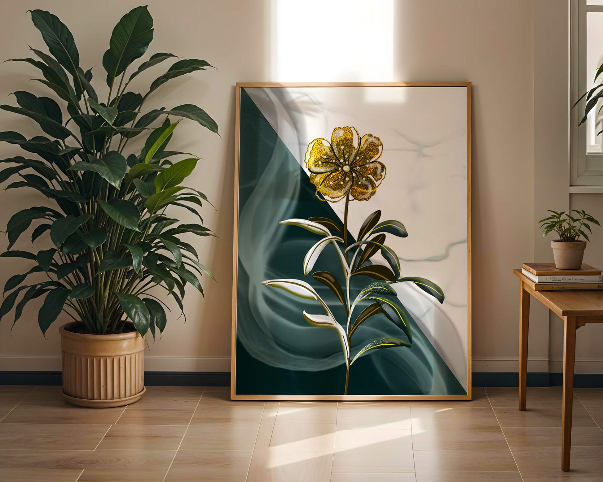 Elegant golden flower art with abstract background