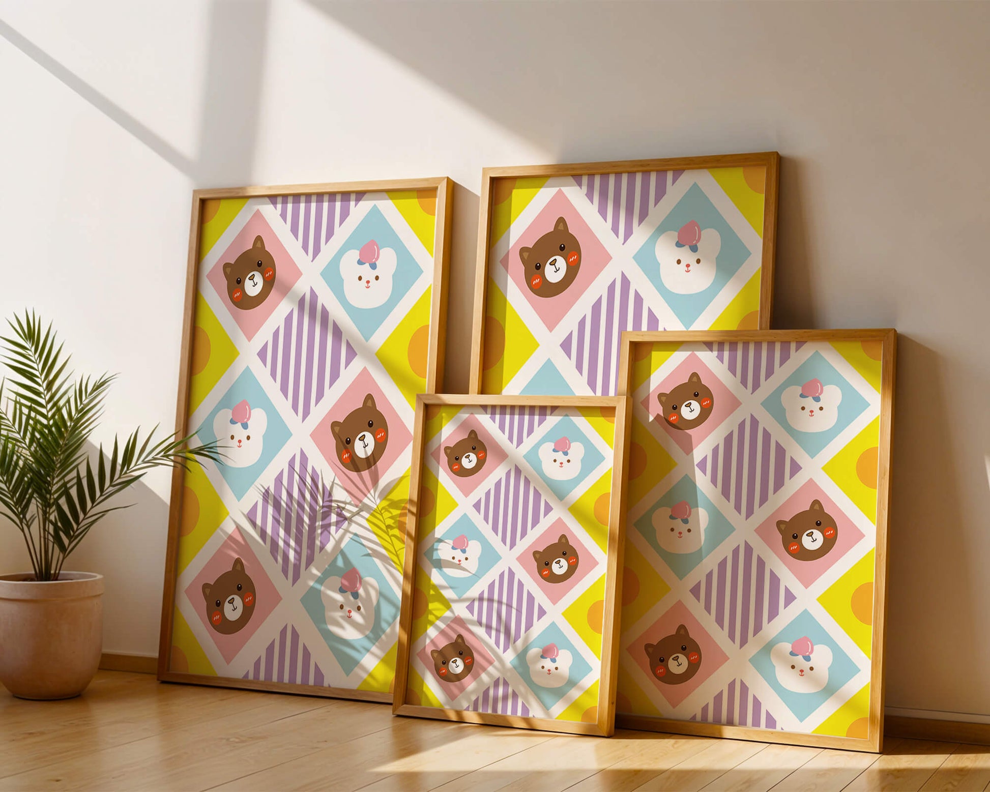 Playful geometric bear and colorful pattern for children's room decor