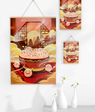 Dumplings de dibujos animados encantadores en un cuenco decorativo en medio de la niebla