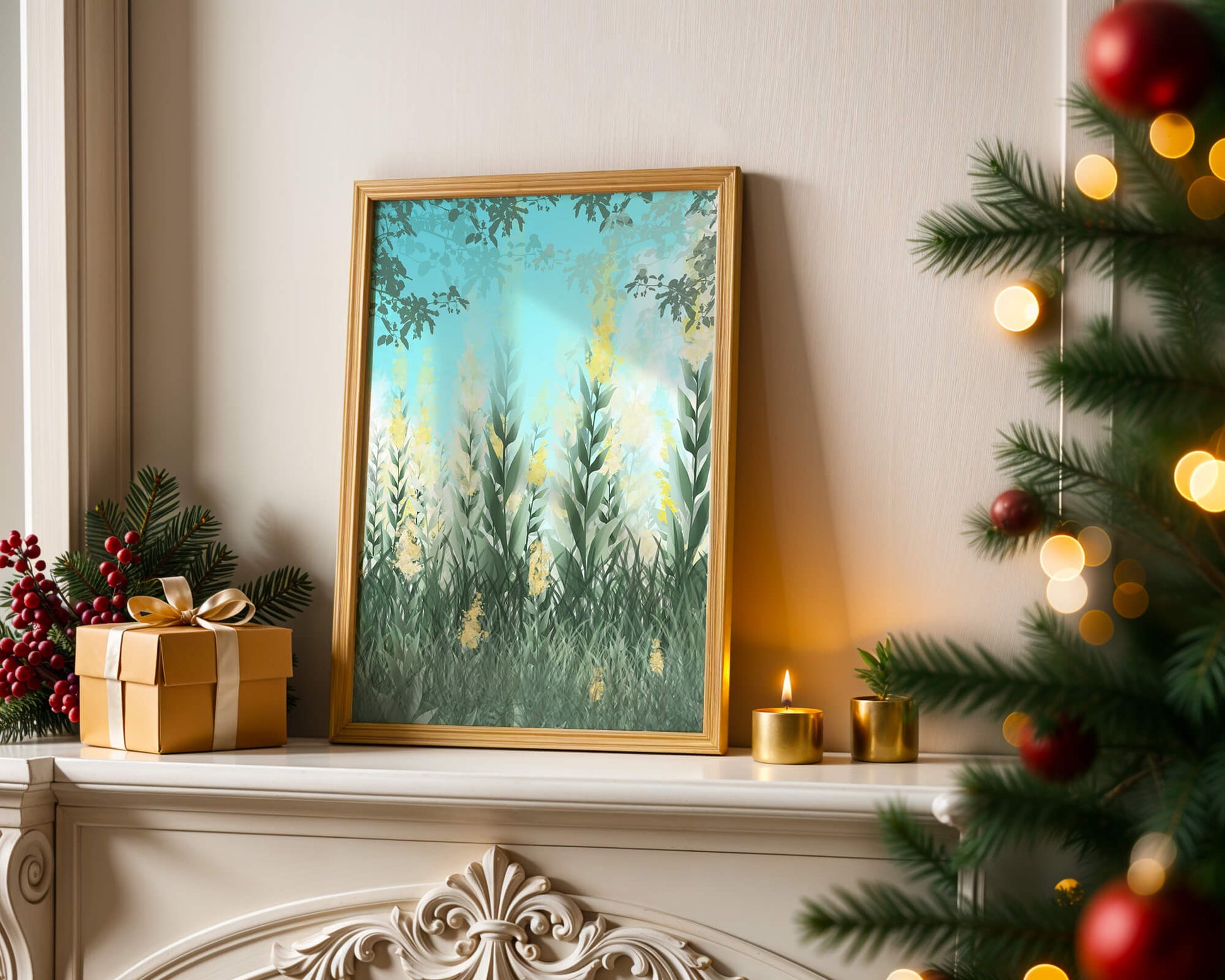 Jardín sereno con hojas verdes altas y flores amarillas bajo el cielo azul