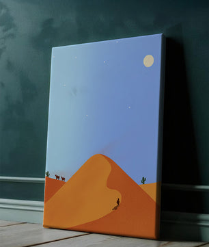 Serene desert landscape with dunes, camels, and a lone traveler under a starry sky