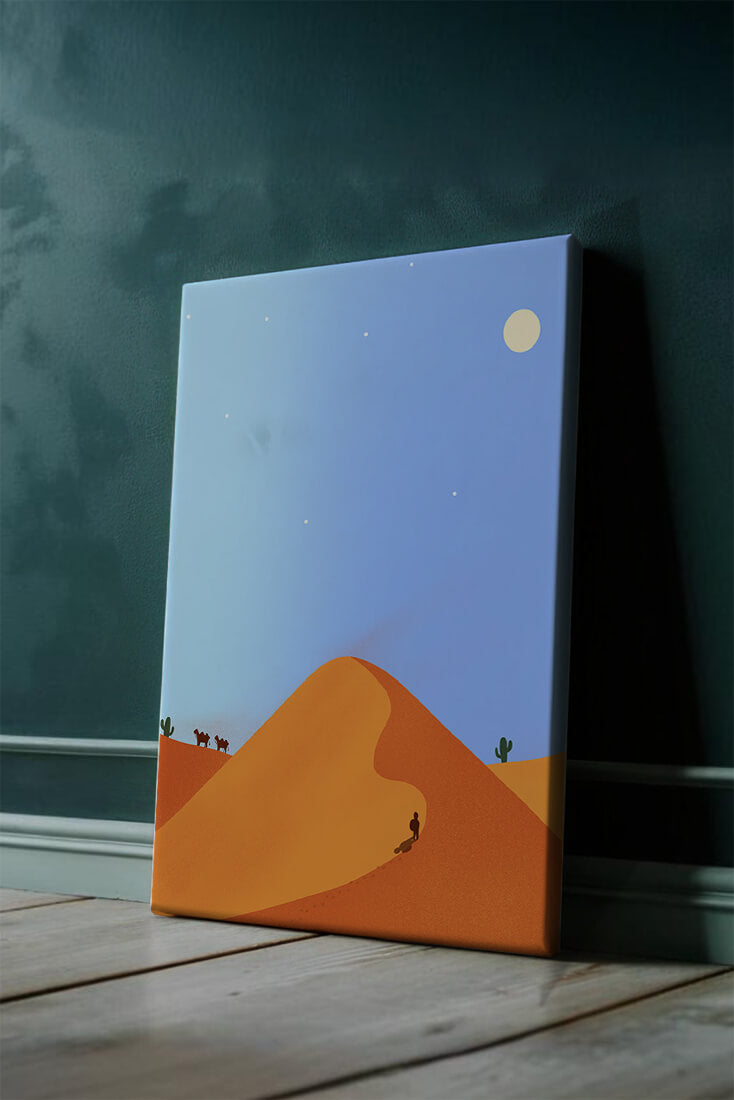 Serene desert landscape with dunes, camels, and a lone traveler under a starry sky