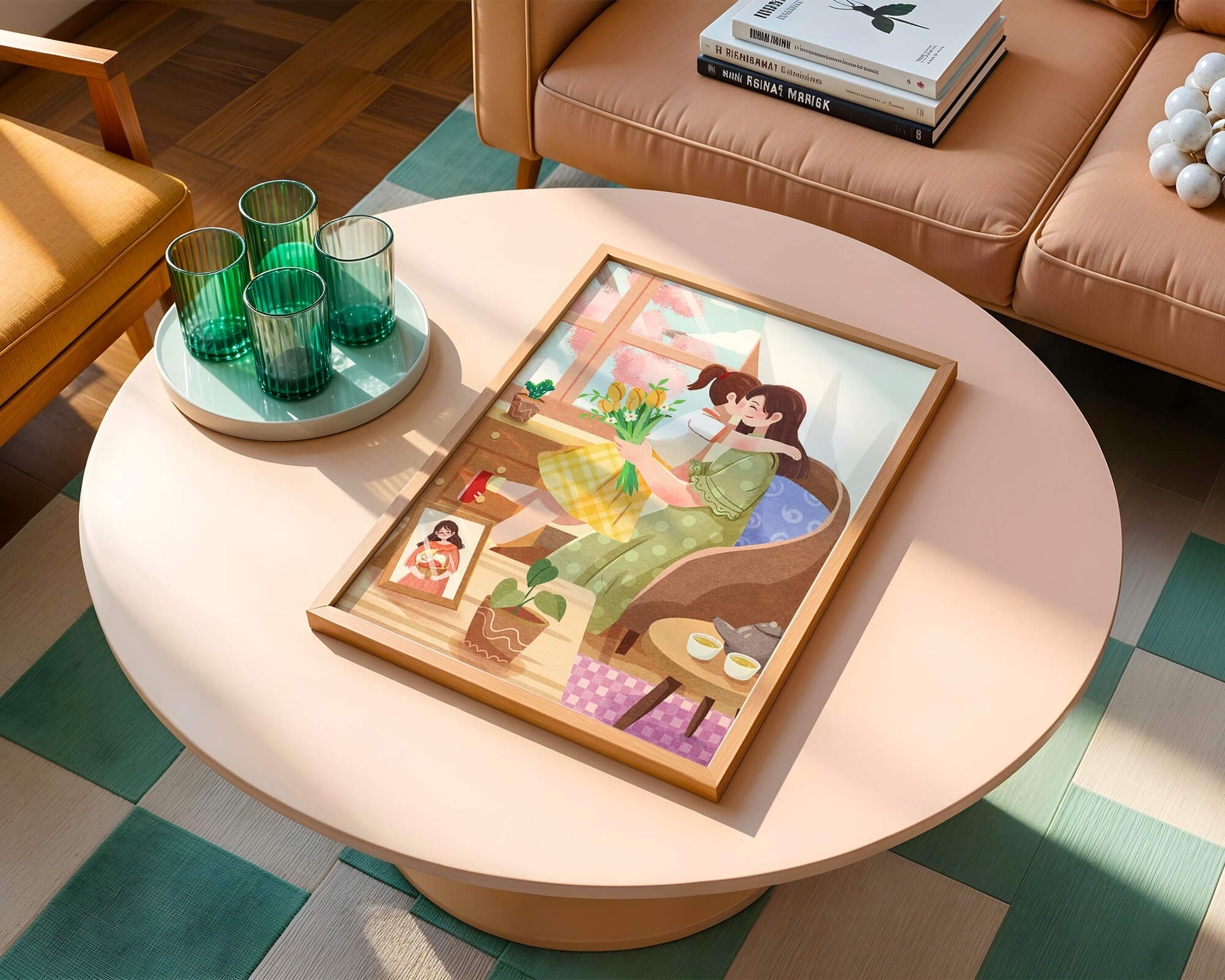 Cozy living room scene with mother and daughter hugging near window