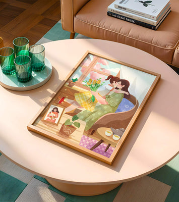 Cozy living room scene with mother and daughter hugging near window