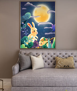 Charming illustration of rabbits under a full moon in a vibrant night garden